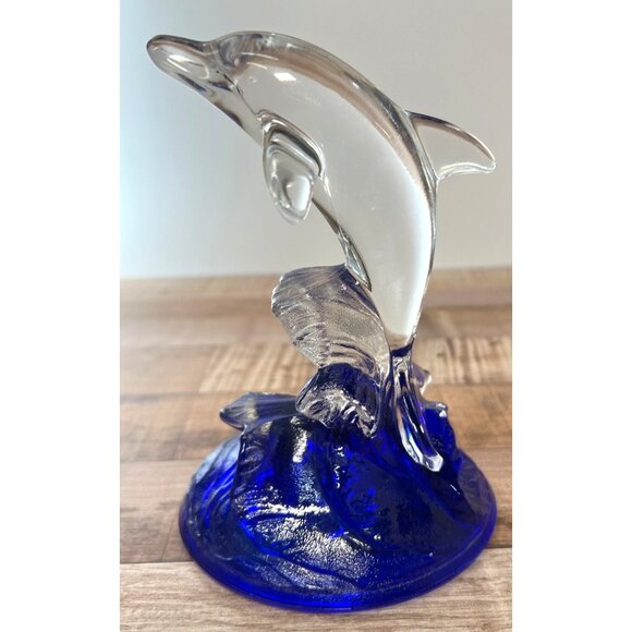 Clear Glass Dolphin Figurine On Blue Wave Base - Picture 1 of 4